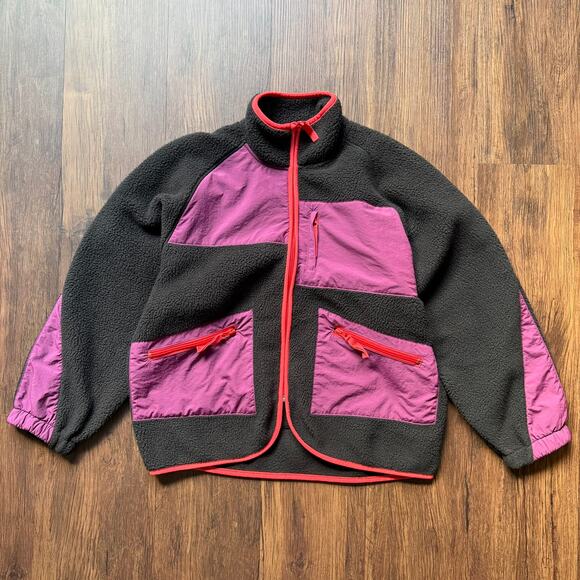 BDG Fleece Jacket Black Purple Red Nylon Trim Zip Front Gorpcore Small - Picture 1 of 6